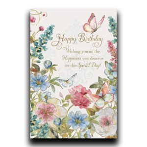 Front Cover of Birthday Card #217 with flowers, butterflies, and Birthday wishes