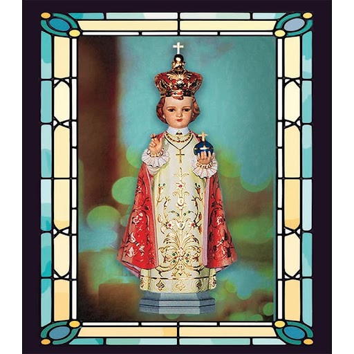 stained glass image of the Infant of Prague 