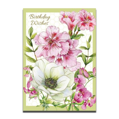 217 Birthday Wishes front of card with pink and white flowers