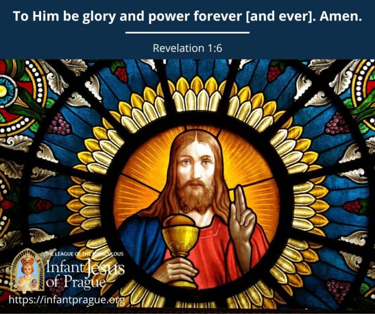 Stained glass image of Jesus holding a gold chalice with wine and bread.