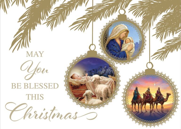"May You Be Blessed This Christmas" card with three ornaments hanging from evergreen branches