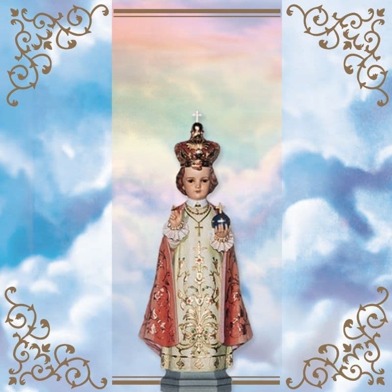Infant of Prague statue with clouds