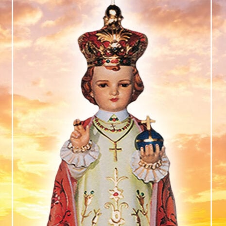 front of prayer card with image of Infant of Prague statue