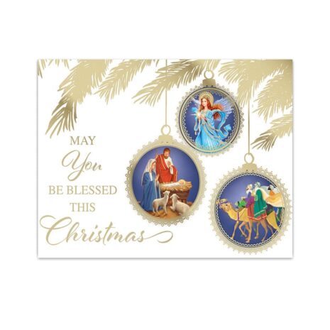 #244 Ornaments Christmas Card Front Image of dangling Christmas ornaments #244